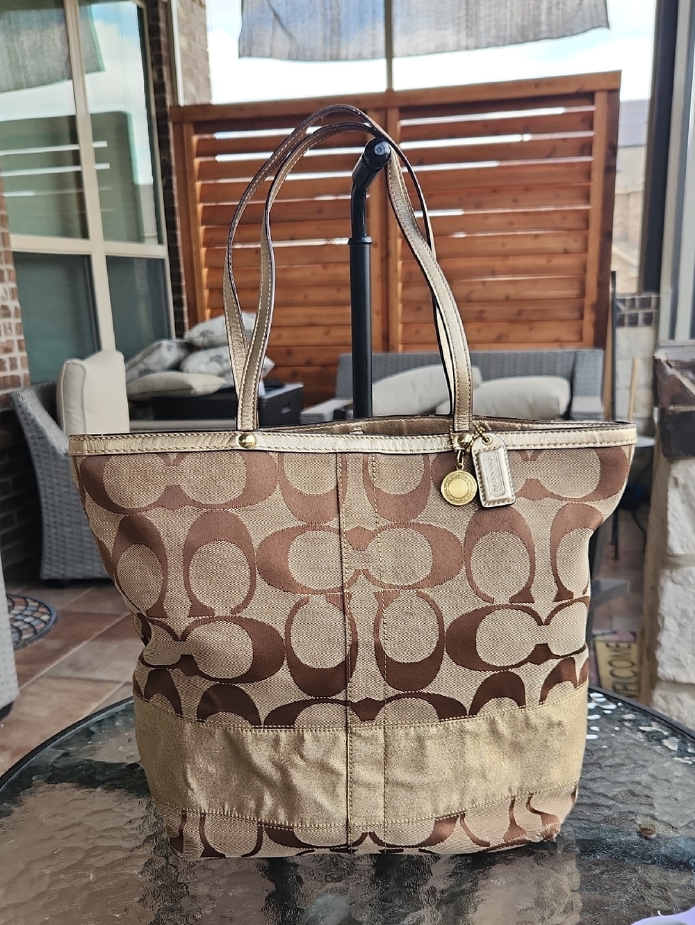 Coach Brown Signature Canvas Tote with Gold Accents